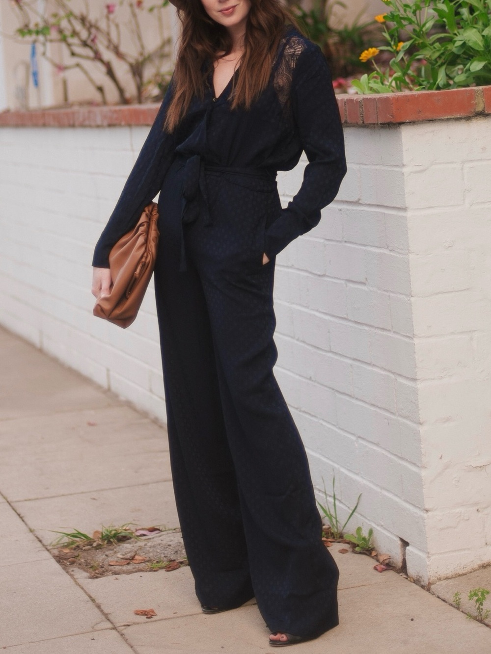 Current Air Navy Blue Dot Print Lace Jumpsuit